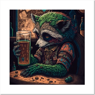 Raccoon sits in a bar drinking alcohol Posters and Art